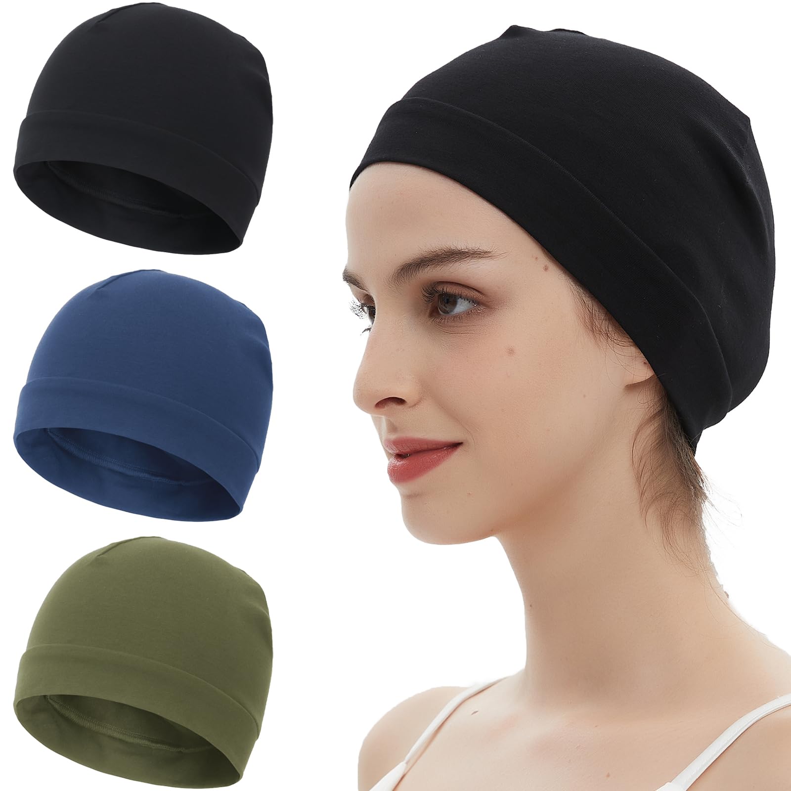 choshion 3 Pieces 100% Cotton Skull Caps Beanie for Men Women Lightweigt Night Cap Sleep Hats Breathable Helmet Liner, 3pieces-Black,Green,Navy