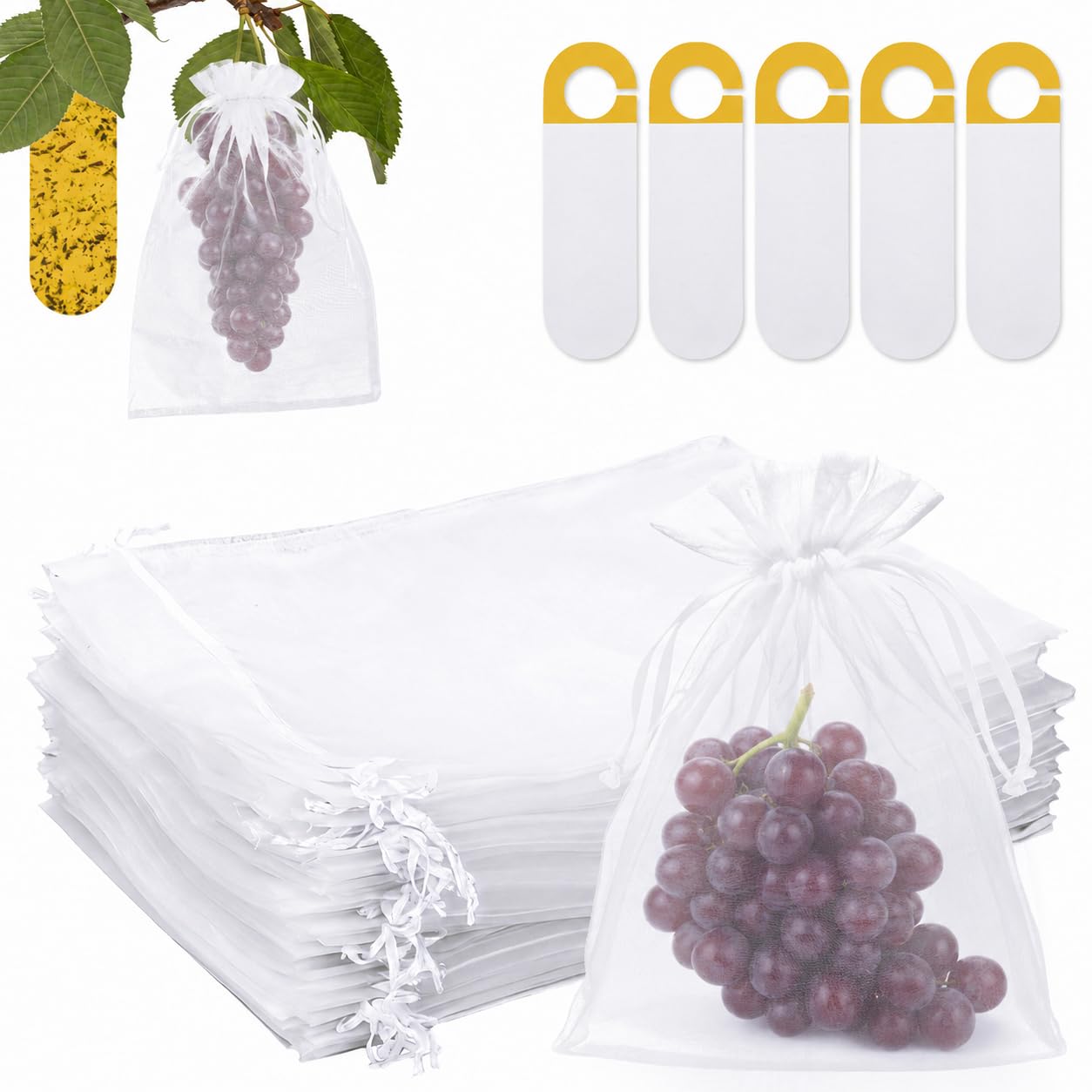 60 Piezas Bolsas Organza Fruta (40 cmx30 cm) + 5 PCS Trampas Adhesivas - Bolsas para Uvas en Parra para Proteger Uvas, Manzanas y Otros Cultivos contra Plagas
