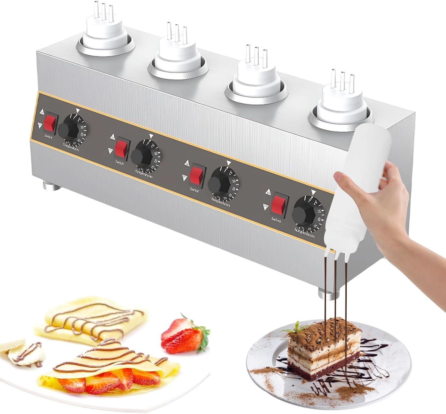 Chauffe-fromage et sauce au chocolat électrique professionnel avec 4 bouteilles, distributeur de température réglable de 30 à 85 °C pour ketchup, caramel et fudge.