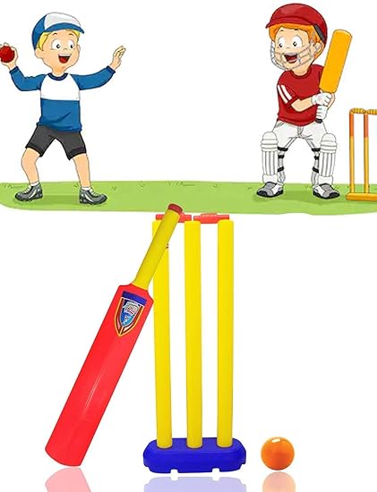 SHRI RADHEE Creations Plastic Light Weight Cricket KIT for Kids Playing Outdoor and Indoor Sports Game Toy (MULTICOLOURS, 1 BAT (53 cm),1 Ball, 3 WICKETS, 1 Bail and 1 Wicket Base, Plastic PVC Pack)