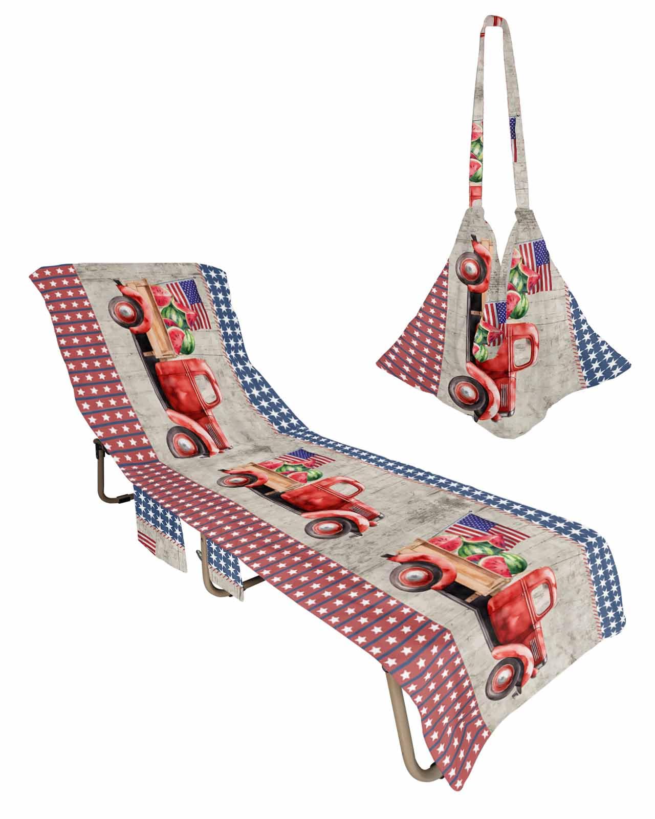 4th of July Beach Lounge Chair Towel Cover, Soft Chaise Lounge Towel with Side Pockets Patio Pool Chairs Cover for Beach/Pool Sunbathing 29x85 Blue Red Plaid Truck Summer Watermelon