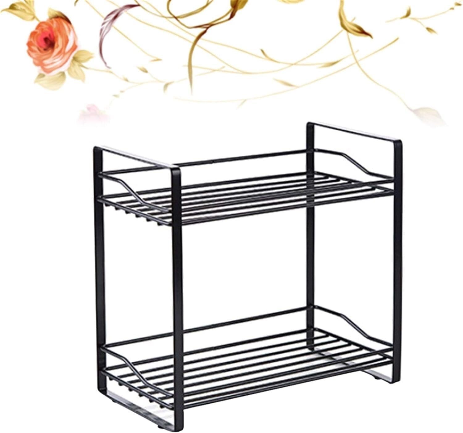 Iron Double Layer Storage Rack Condiment Holder Multi-Functional Stand Shelf Organizer for Kitchen Bathroom Toilet (Black)