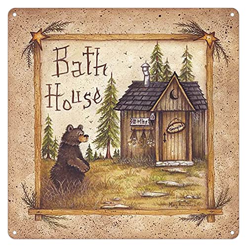 TOLANK Metal Signs Bath House Bear Room Wall Poster Tin Sign Farmhouse Bathroom Old Country Home Decor 12 x 12 inches