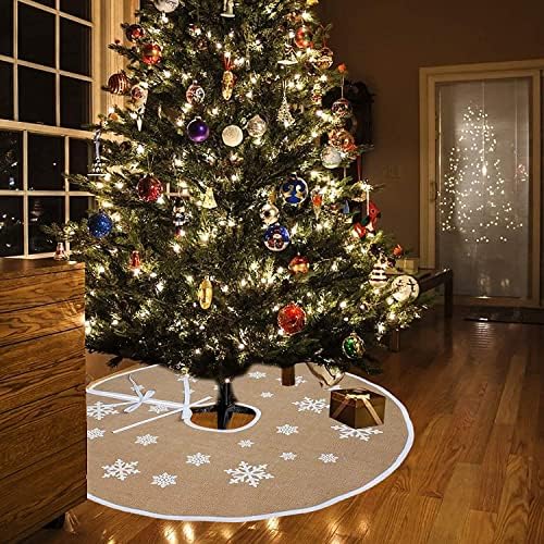 LATERN Christmas Tree Skirt, 122CM Burlap Tree Skirt with White Snowflake Printed Round Xmas Tree Cover Mat for Christmas Holiday Tree Decorations (Khaki)