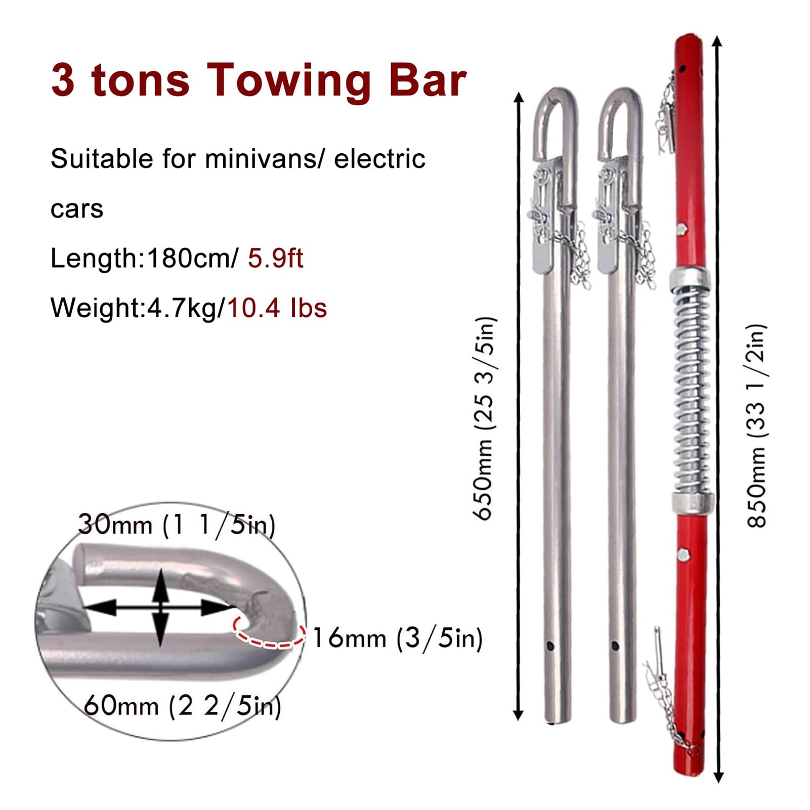 Bar ciągnący ciężkiej pracy awaryjnej, Tow Bar 3-50 Ton Capacity 3-8ft Adjustable Lengths(Load 3 tons)