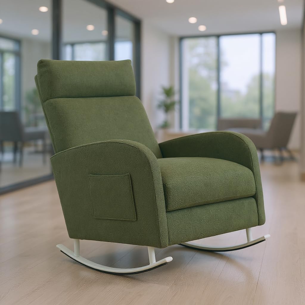 Rocking Chair Nursery with Metal Legs, Upholstered Nursing Rocker Glider, Sturdy Base for Bedroom, Baby Room, Armchair Comfy Side Chair for Living Room Bedroom Offices (Green)