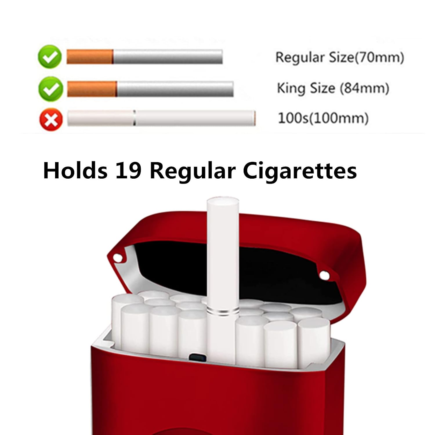 Cigarette Case with Lighter, 19pcs Regular Size Cigarettes Holder Box King Size Portable Pack USB Electric Lighter Rechargeable Flameless Windproof （Red）