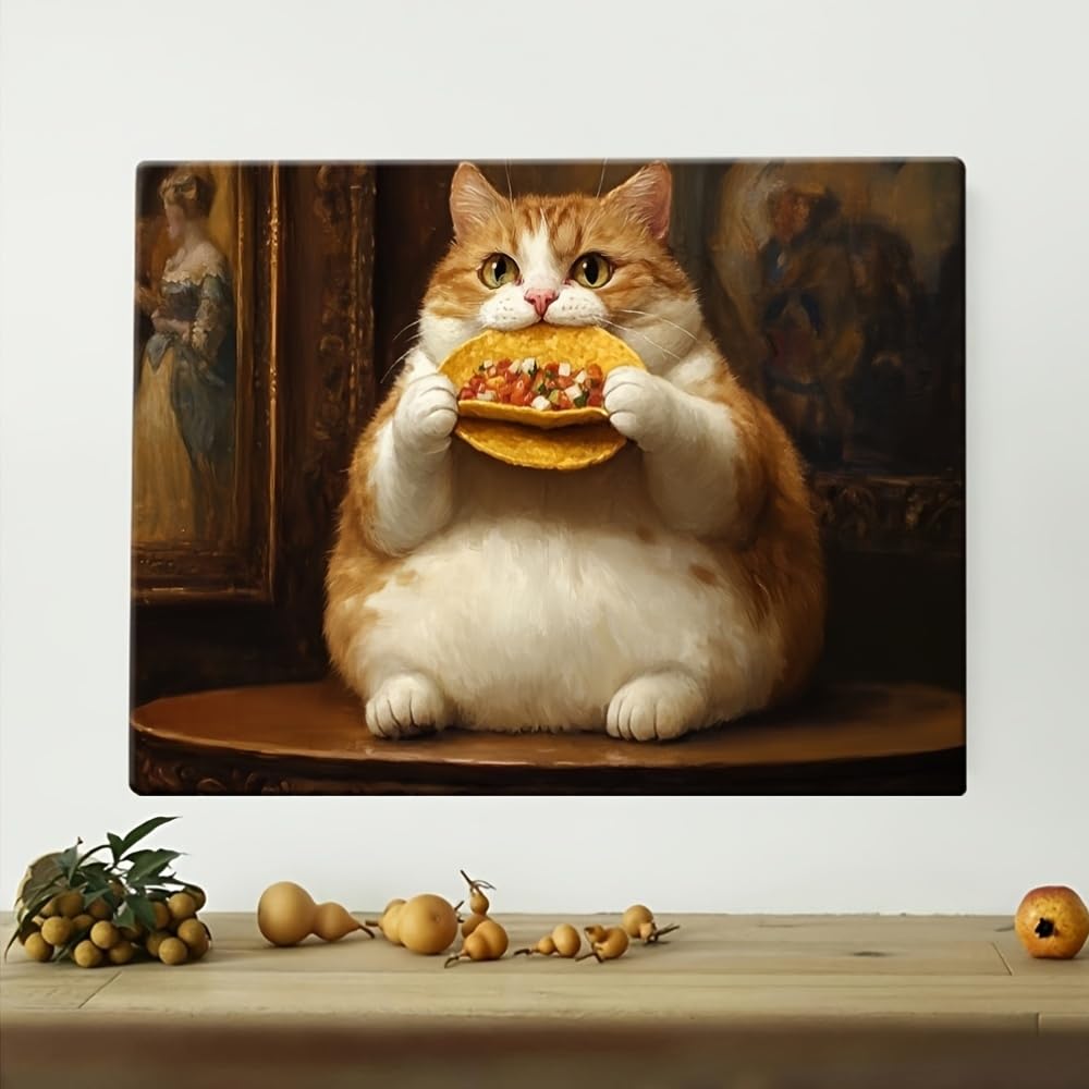 Gruby kot siedzi na stole, obraz dekoracyjny ze zwierzętami do salonu (20 x 40 cm/z ramą)