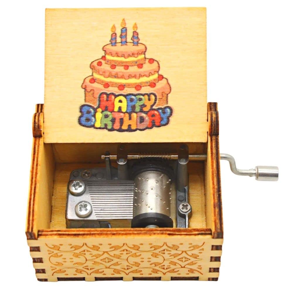 EITHEO Wooden Antique Carved Hand Crank Happy-Birthday Theme Music Box (Happy Birthday Cake)