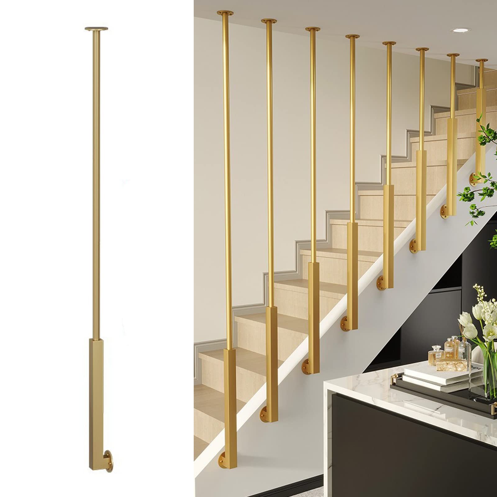 Ceiling Mounted Staircase Handrails , Iron Handrail Stair Railing-Side Mounted Easy to Install Handrails for Outdoor & Indoor Stairs, Porch & Deck Stair Handrail ( Color : Gold , Size : 125cm(4.1ft) )