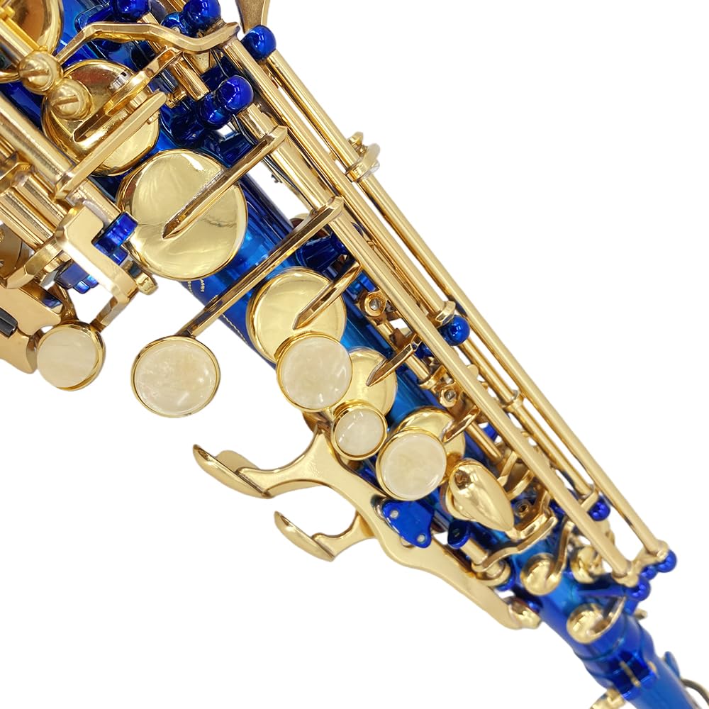Saxofón soprano recto Bb de latón, instrumento de viento de madera, hermoso saxofón recto lacado azul para principiantes, juego combinado con funda de transporte y accesorios