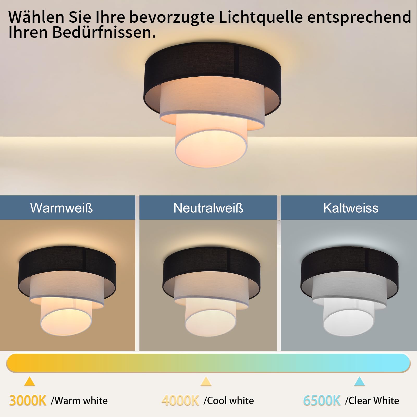 ZMH Deckenlampe Schlafzimmer Deckenleuchte Stoffschirm - E27 Stoffdeckenlampe Ø40cm Warmweiß Schlafzimmerlampe Stoff Schwarz Modern Deckenbeleuchtung für Küche Flur Büro (ohne Leuchtmittel) | Stoffdeckenlampe Warmweiß Stoff Schwarz Modern Deckenbeleuchtun