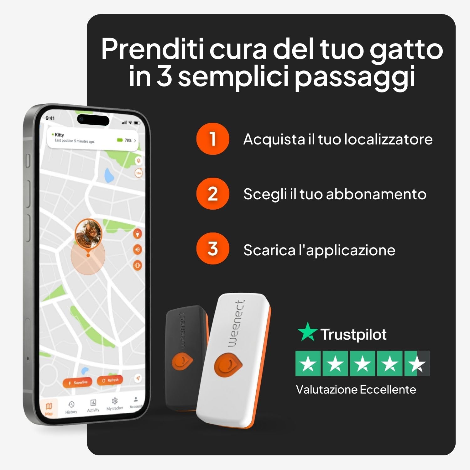 Weenect Cat XS - NUOVO collare GPS per gatti | Il più piccolo sul mercato | Funziona con abbonamento | Collare incluso | Garanzia a vita