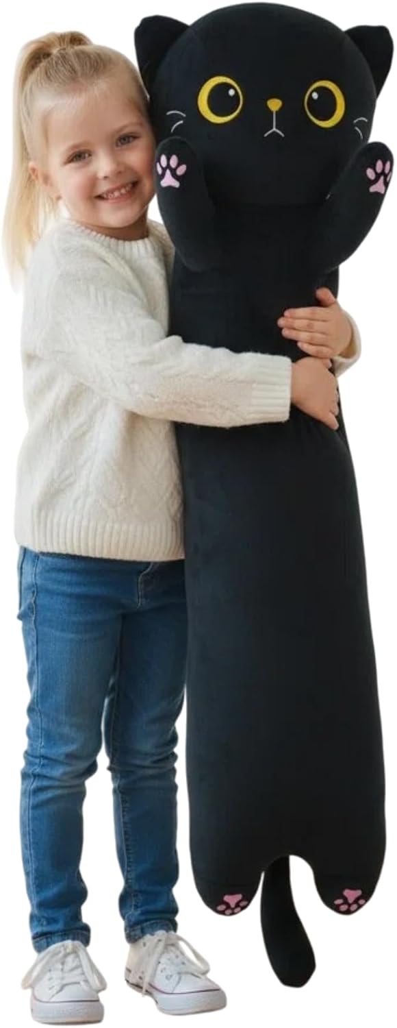 Somao Giant Black Cat Plush Pillow - 43.3" Extra Long Stuffed Animal Body Pillow for Kids & Adults, Super Soft Huggable Black Cat Plushie Toy Gift for Christmas, Birthday, Halloween