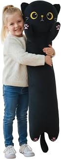 Giant Black Cat Plush Cushion 60cm - Ultra Soft Extra Long Body Pillow for Snuggle, Calming Plush for Kids and Adults - Gift Idea for Christmas, Birthday or Halloween