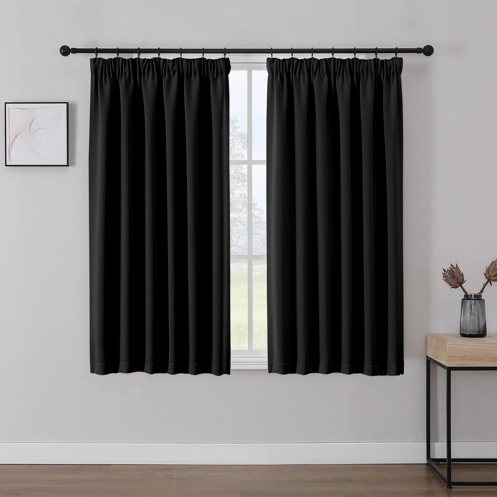 Joydeco Gardinen mit Kräuselband Vorhänge Blickdicht 2 Stück H 200 x B 140 cm Schienensystem Schwarz Verdunkelungsvorhang Thermovorhang Kälteschutz Schlafzimmer Blackout Curtains
