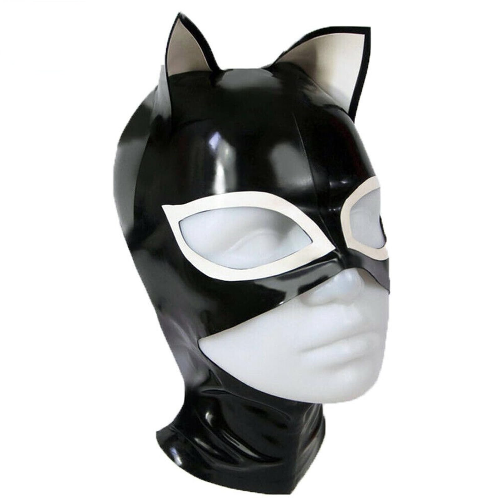 DSPENGS Latex Hood Mask with Cat Ears Open Eyes Mouth Rubber Head Mask Handmade for BDSM Cosplay Clubwear(Size:XS-60CM)