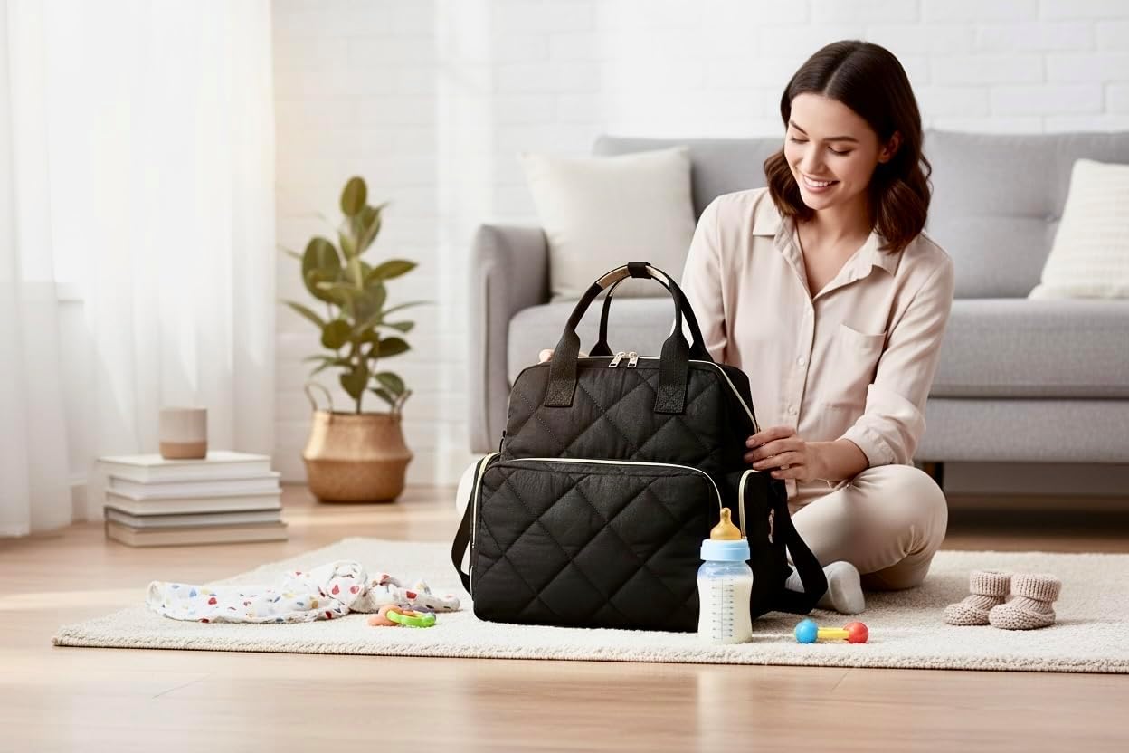 Tristan Home Quilted Diaper Bag Backpack – Insulated Bottle Pockets, Maternity Hospital Travel Bag for Moms (black)