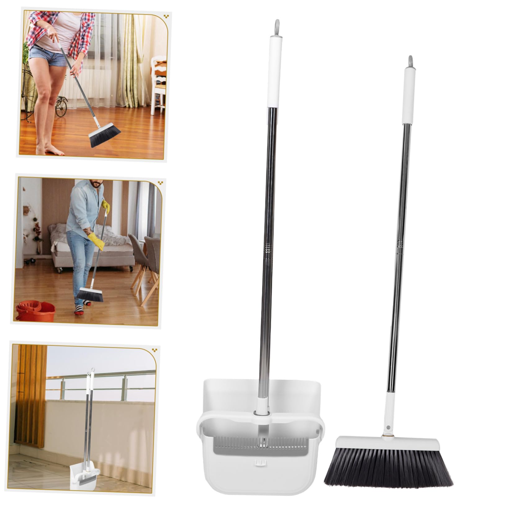 Ipetboom Juego de Escoba y Recogedor de Pie para Oficina E Interior | Plástico Blanco, Mango Ajustable, Limpieza y Diseño Compacto para Guardar sin Ocupar Espacio