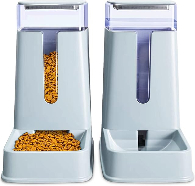 Automatic Pet Feeder Small&Medium Pets Automatic Food Feeder and Waterer Set 3.8L, Travel Supply Feeder and Water Dispenser for Dogs Cats Pets Animals (light gray)