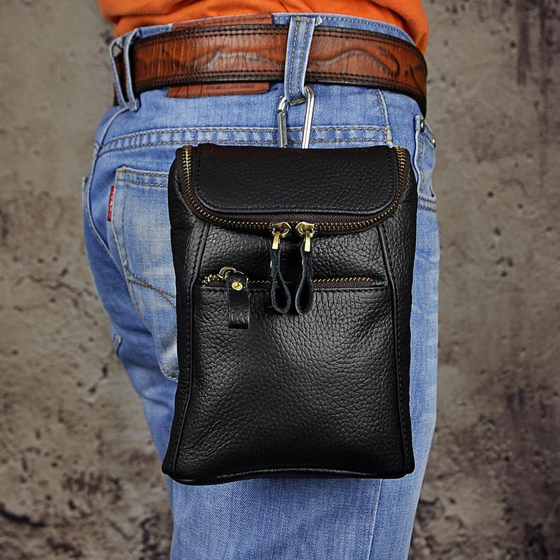 Miniatura 2 de Mini bolso de mensajero de cuero genuino para hombre, bolso de hombro con gancho en la cintura, bolsa multiusos Daypack caja de regalo