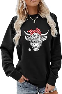 ESIKAH Cow Shirts Cute Highland Cattle Cowgirl Sweatshirt Women Animal Graphic Farm Life Pullover Tops Farm Lover Shirt Gifts