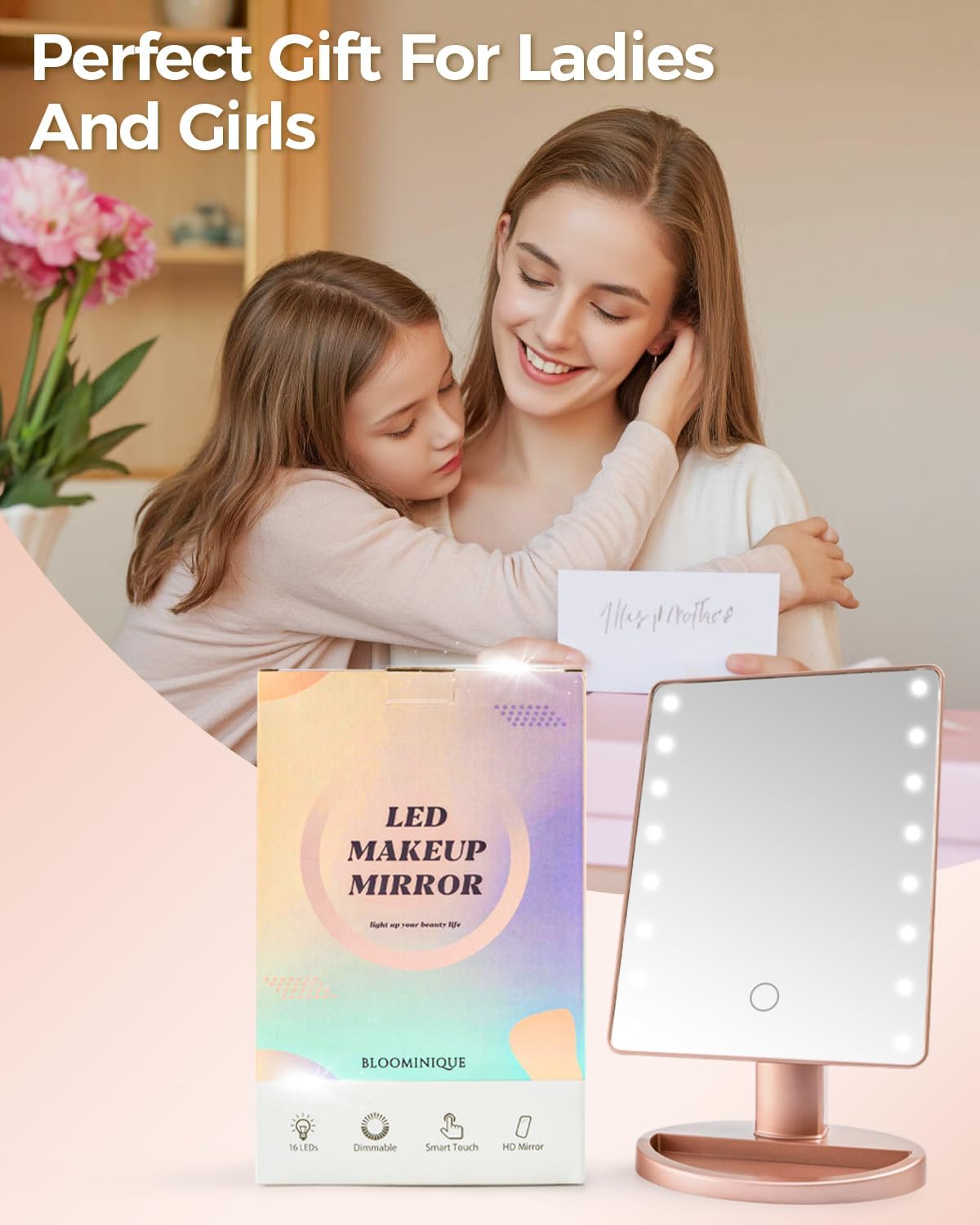 Lighted Makeup Mirror with Lights, Vanity Mirror with Lights, 16 LEDS Dimmable Desk Mirror with Light, Dual Power Supply, Gifts for Teenage Girls, Dorm Room Essentials for College Student (Rose Gold) - Image 8