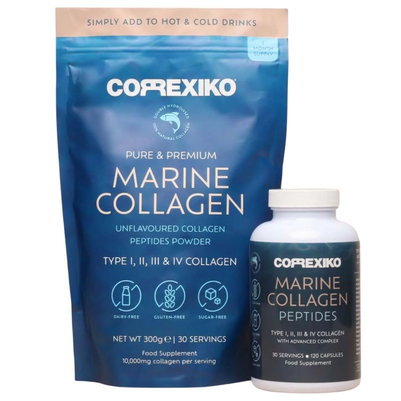 CORREXIKOMarine Collagen Powder & Capsules 30 Day Supply - 10,000mg Powder & 2,000mg Capsule Double Hydrolysed Type 1,2,3,4 Collagen Peptides Per Serving with Added Vitamins - for Hair, Skin & Nails