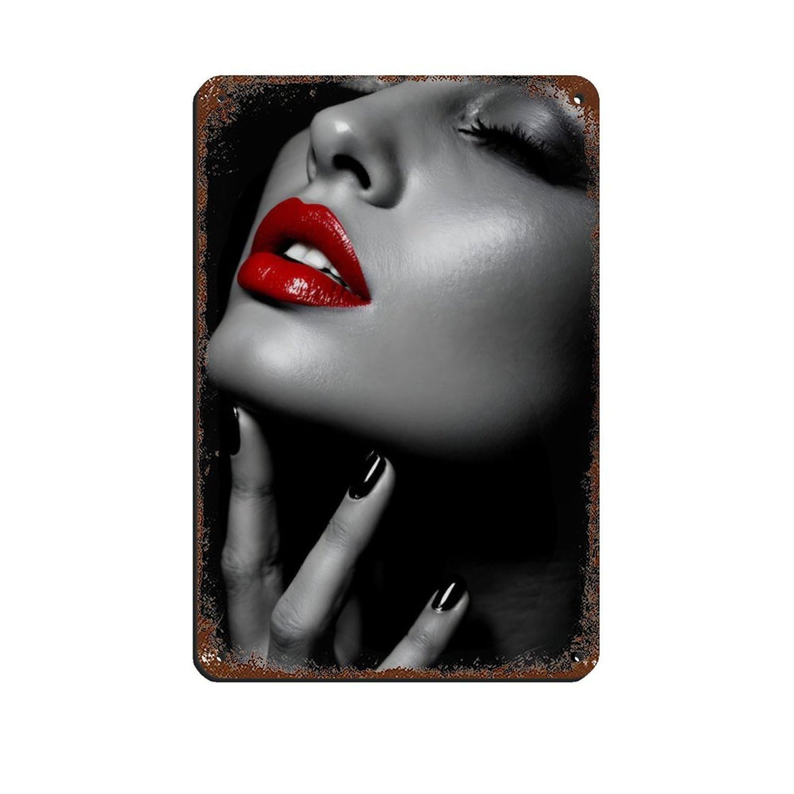 Sexy Red Lips Black And White Glamour Portrait Tin Sign Vintage Metal Pub Club Cafe Bar Home Wall Art Decoration Poster Retro 8x12inch(20x30cm)