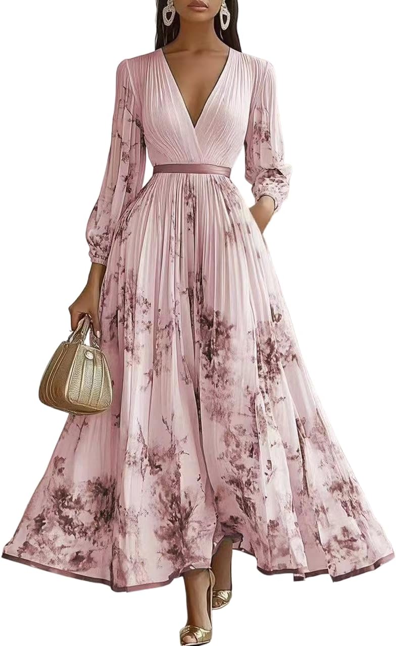 Women's Elegant Floral Print Pleated Maxi Dress Deep V Neck Long Sleeve for Wedding Guest Cocktail Party