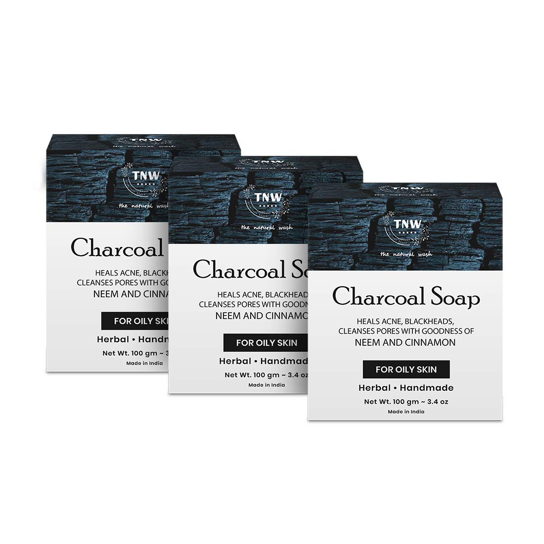 TNW-THE NATURAL WASH Handmade Charcoal Soap For Blackheads and Acne With Neem and Cinnamon (Paraben/Sulphate/Dye/Silicon Free) - Pack of 3 Each - 100 g-image-47