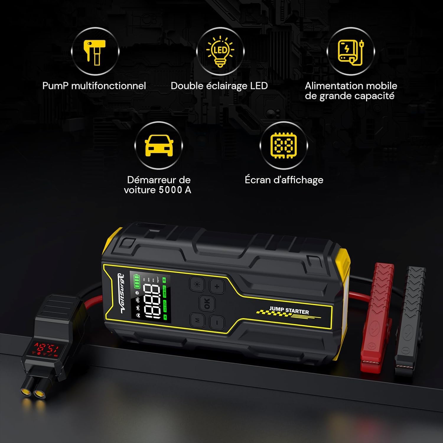 VoltSurge Car Battery Jump Starter with Air Compressor, 4000A (pour Tous Les véhicules à Essence et Diesel de 10,0 litres) – Démarreur de Voiture Portable avec gonfleur 150 PSI et Grand Affichage