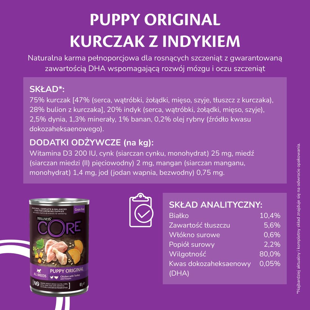 Wellness CORE 95% 6 x 400g, Kurczak i Indyk – Mokra Karma, Pasztet typu Chunky dla Szczeniąt, Bezzbożowa, Naturalna, Hipoalergiczna, Bogata w Białko, o Wysokiej Zawartości Mięsa