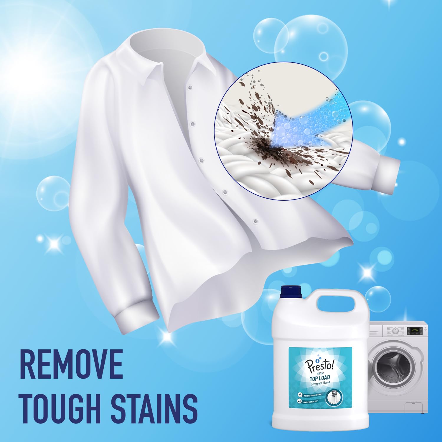 Amazon Brand - Presto! Matic Top Load Liquid Detergent | 5 Litre | Removes Tough Stains | Gentle on Clothes | Protects Fabric Color | Bleach-Free & Phosphate-Free 1