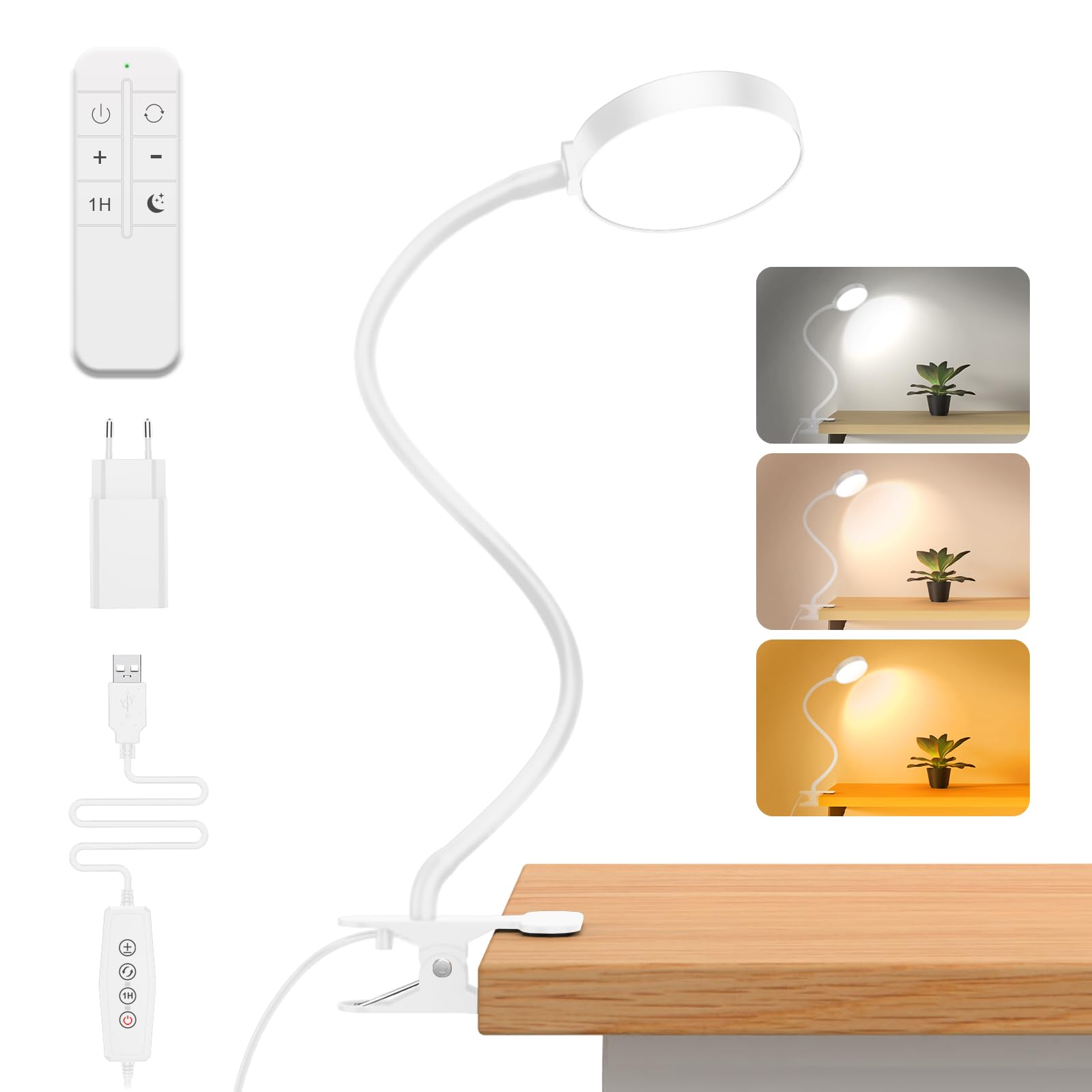iFalarila 61 LED Lampe de Bureau avec Veilleuse Lampe à Pince avec Minuterie 1 Heure et Chargeur USB, Lampe de Lecture avec Télécommande 5M pour Livre/Travail/Lit/Table