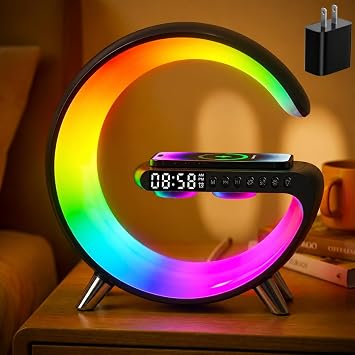 Smart LED Table Lamp, 4-in-1 Wireless Charger with Speaker,Night Light, Alarm Clock, and Bluetooth Speaker with App Control for Bedroom and Home Decor Black