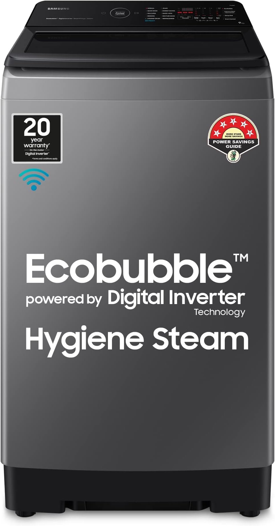 9 Kg 5 Star Wi-Fi Enabled Inverter Fully Automatic Top Loading Washing Machine Appliance (WA90BG4582BDTL Versailles Gray, In-Built Heater, Ecobubble)