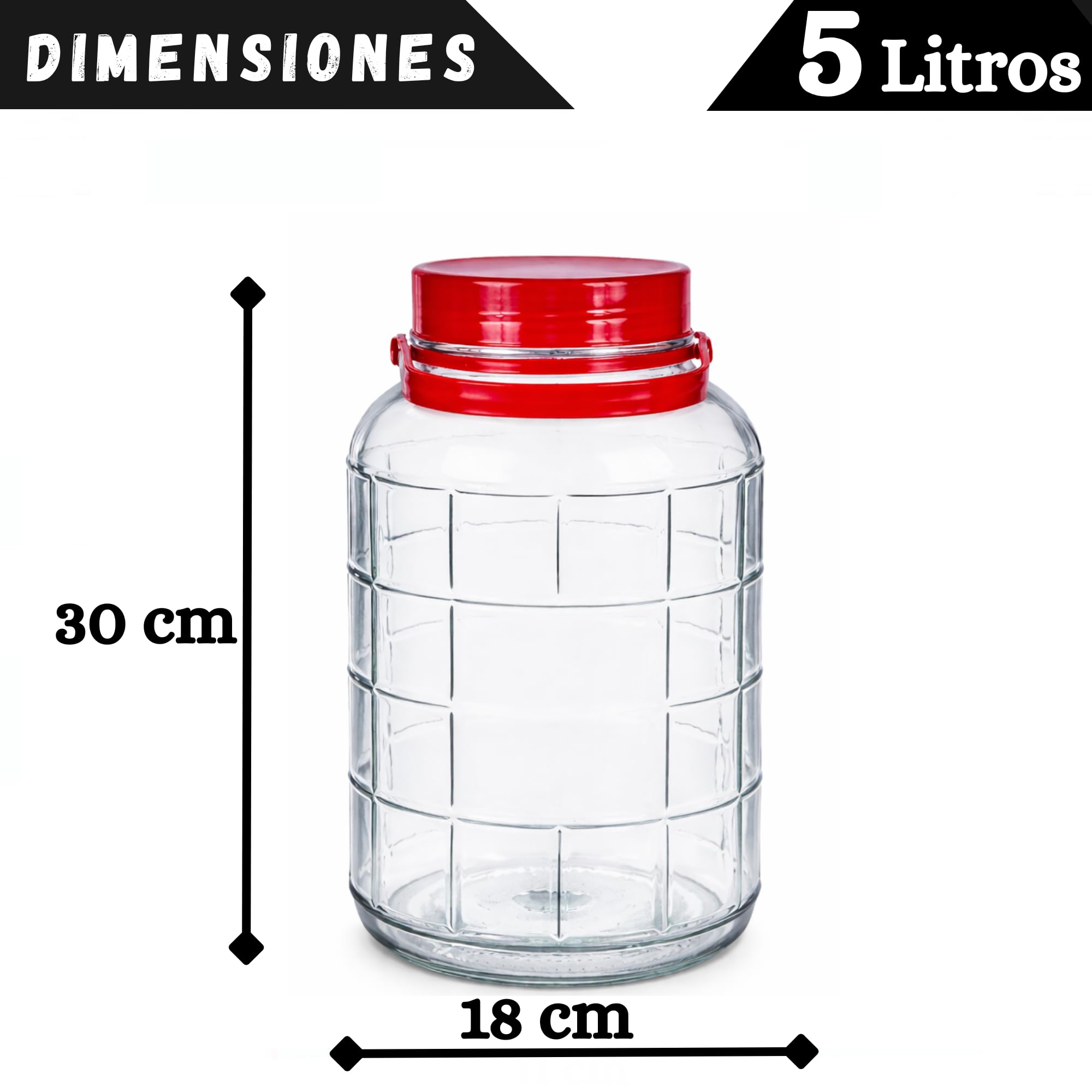Bote de Cristal Grande con Asa de 5 Litros y Doble Tapa - Garrafa de Vidrio de 5 Litros con Asa - Perfecto para Alimentos Humedos y Secos, Encurtidos, Artículos - Bidón de Vidrio Resistente (1)