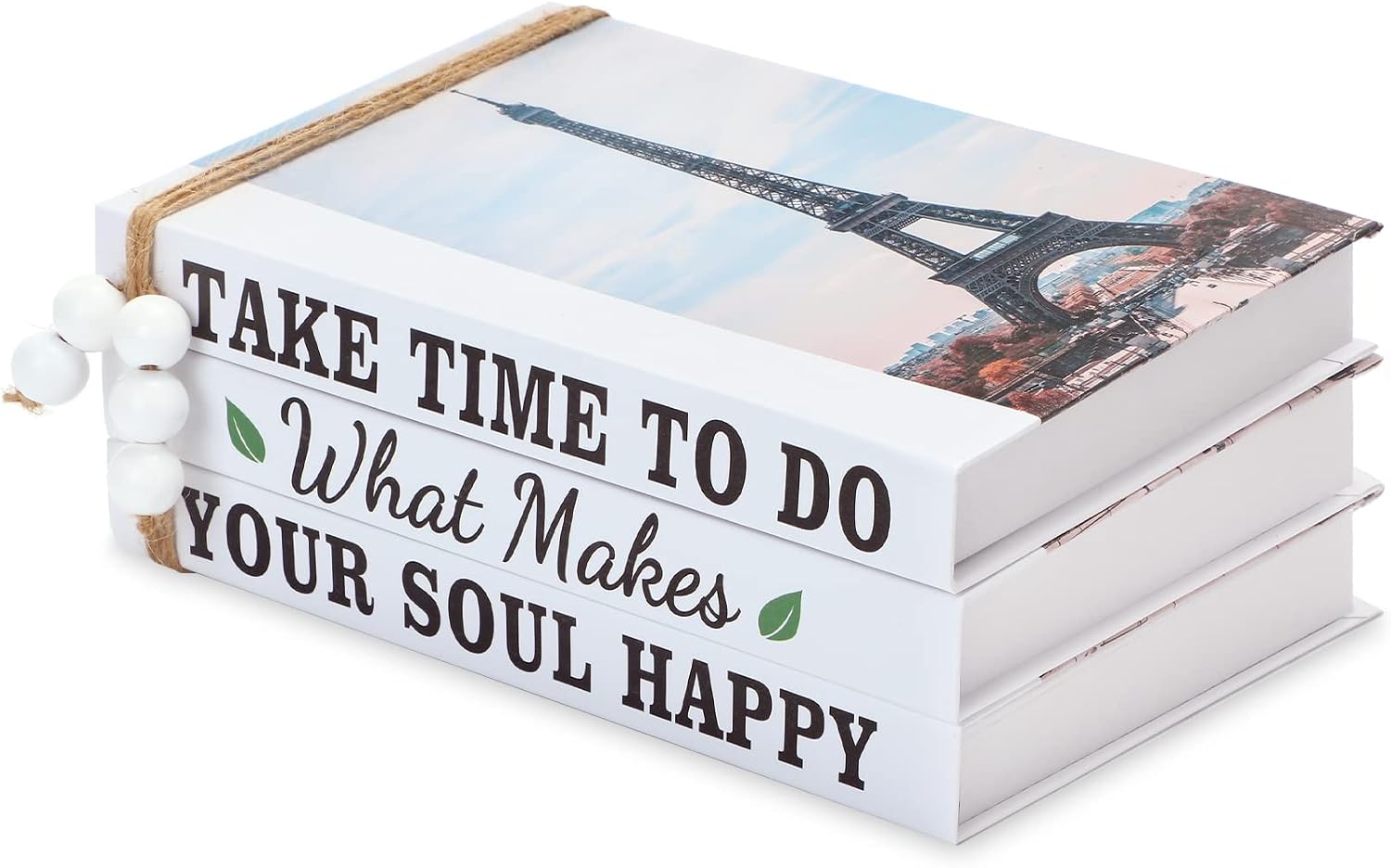 3 Pieces White Decorative Books Modern Farmhouse Stacked Books Stacks Faux Paper Books with Wood Bead Linen Decor for Home Coffee Tables (Take Time Style)