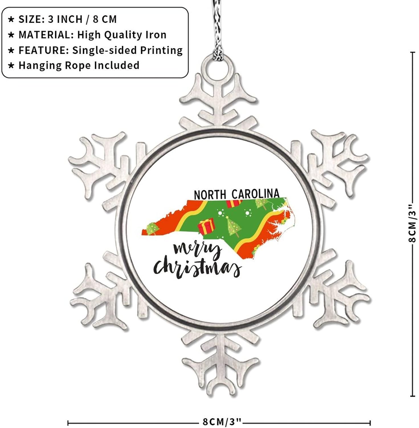 Snowflake Ornaments North Carolina Home State Personalized Christmas Ornaments 2022 Merry Christmas Christmas Tree Ornaments Metal Souvenir Xmas Tree Hang Pendant Exchange Long Distance Gift 3 Inch