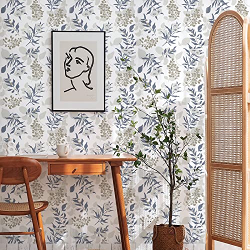 Floral Wallpaper Peel And Stick Blue Leaf Contact Paper And Removable Wood Wallpaper Self-Adhesive 17.71'' X 118'' Vintage Home Decoration Boho Vinyl Film Decal Roll #TOP4