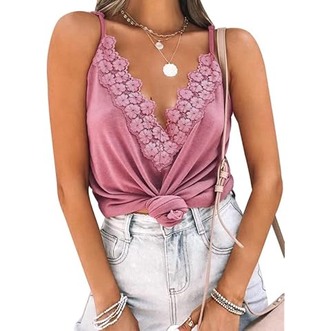 Jolicloth Ladies Basic Spaghetti Strap Tank Top Adjustable Camisoles Loose Lace Blouse Size 20 Cover