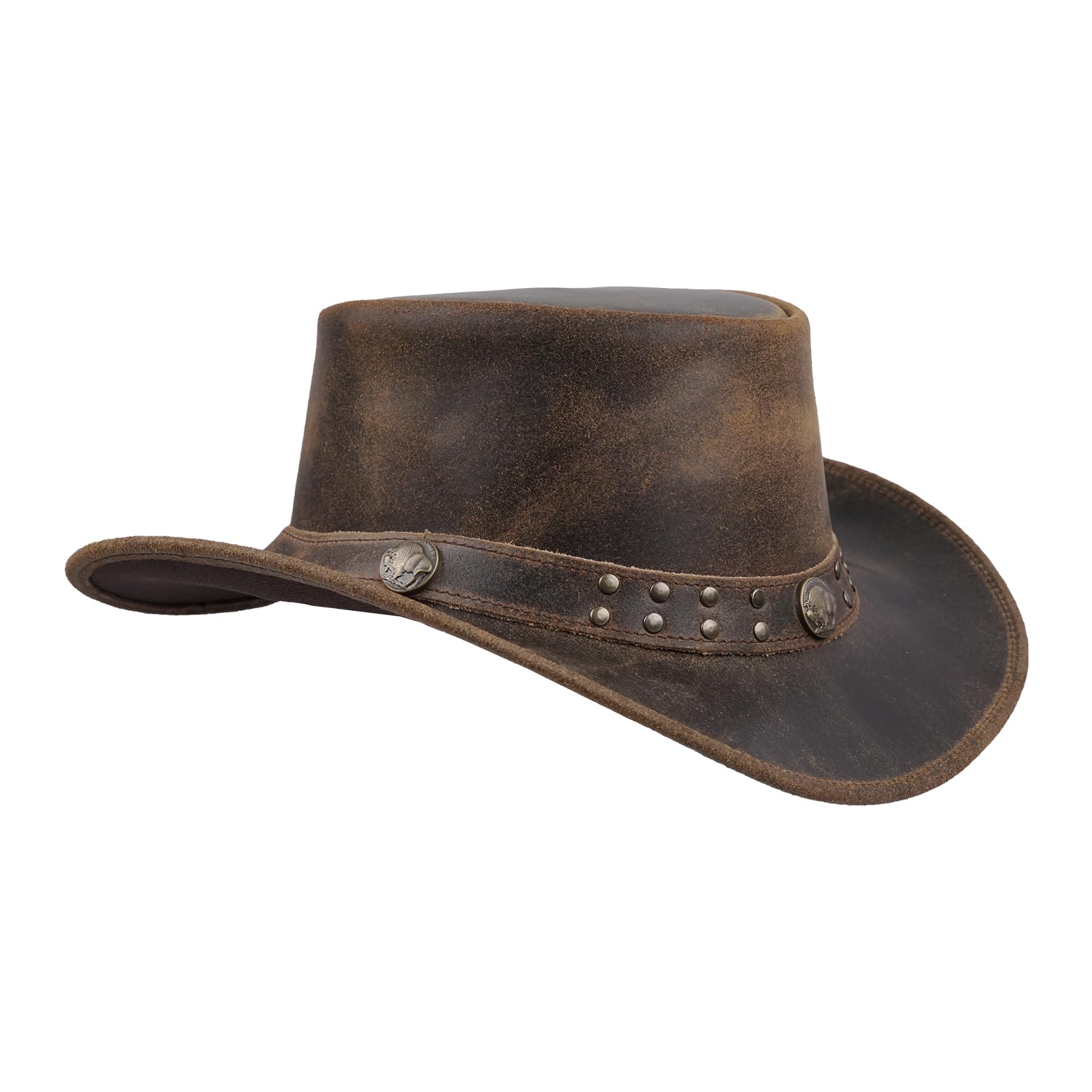 Leatherick Cowboy Hat - Brown Studded Crazy Horse Leather Western Aussie Style Hat with Chin Cord (L, Brown (Studded))