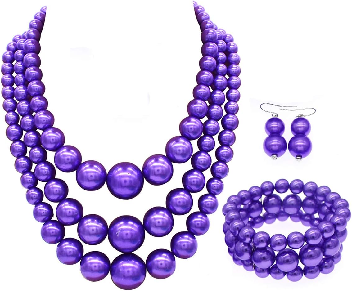 JNF Faux Pearl Statement Necklaces Big Beaded Necklace for Women Chunky Pearls Necklace and Earring Set Large beads Costume Necklace