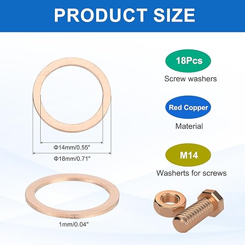 Miniatura 2 de MECCANIXITY 18Pcs Arandela Plana, Kit de Arandelas de Cobre M14, Anillo de Sellado de Cobre, Arandela Aplastada Surtido, 14mm ID, 18mm OD, 1mm