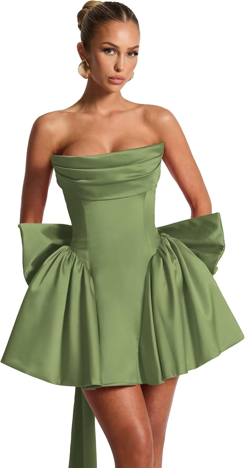 Strapless A-Line Homecoming Dresses Pleated Mini Off The Shoulder Cocktail Party Evening Gown with Bow