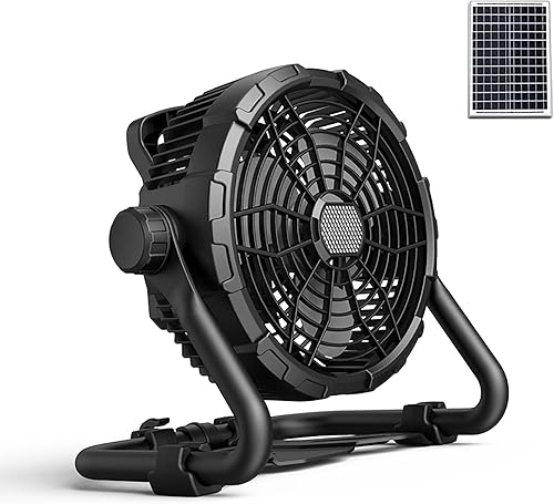 Ventilador de piso portátil para exteriores con luz de emergencia, funciona con batería de 14400 mAh, soporta carga de batería de automóvil de 12 V