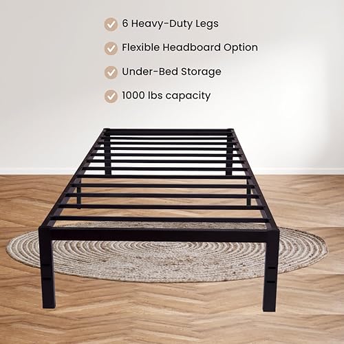 Miniatura 3 de CastleBeds - Marco de cama minimalista de hierro negro tamaño individual con cabecero y barra forjada, base de plataforma de metal de acero