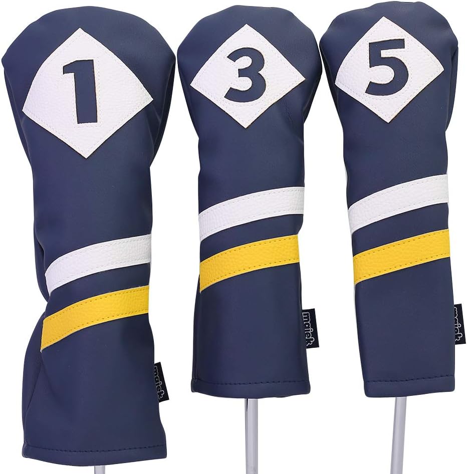 Majek Retro Golf Headcovers Blue White and Yellow Vintage Leather Style 1 3 5 Driver and Fairway Head Covers Fits 460cc Drivers Classic Look