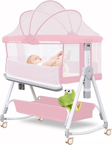 Moisés para bebé con ruedas y cesta de almacenamiento, cuna portátil de malla para recién nacidobebé, 7 alturas ajustables, fácil de montar (3 en 1,